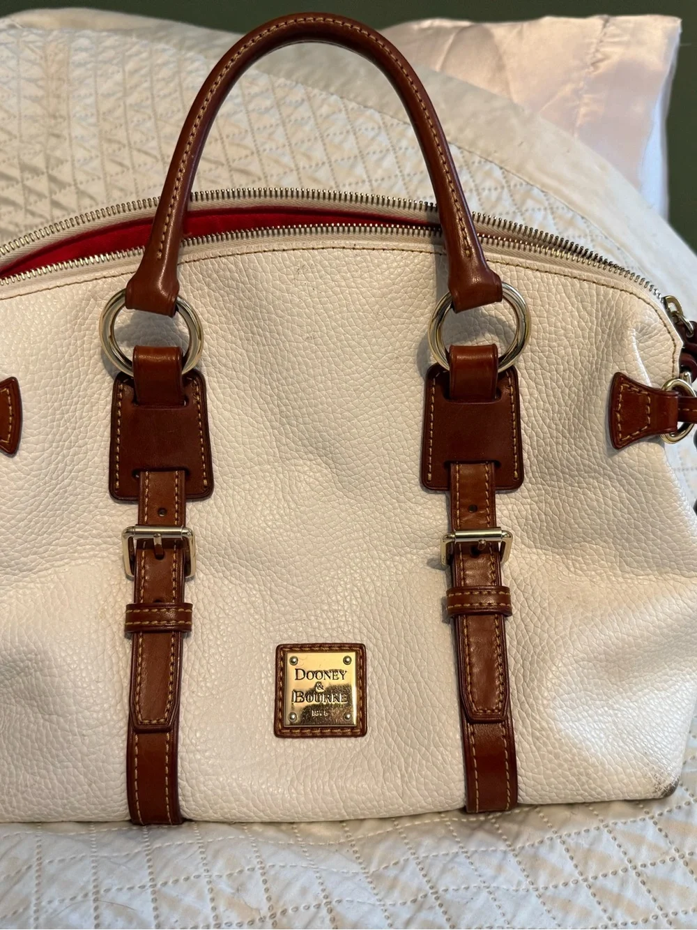 Dooney & Bourke White Pebbled Leather Satchel with Brown Trim w/coin purse